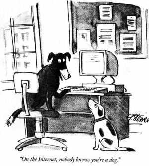 The famous and very true cartoon, originally from teh New Yorker by Peter Steiner. https://upload.wikimedia.org/wikipedia/en/f/f8/Internet_dog.jpg